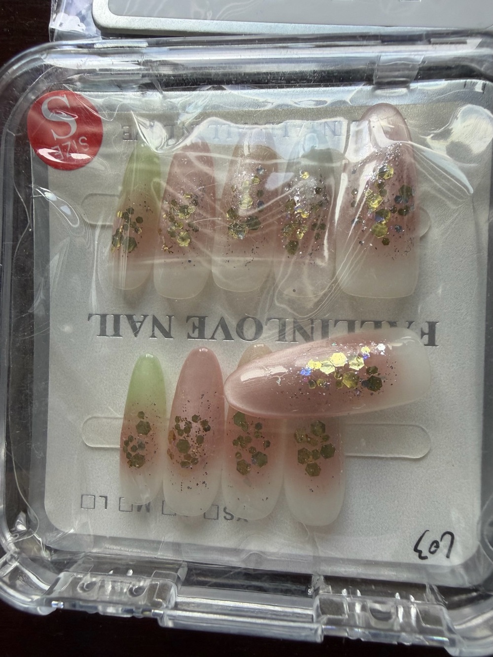 Press-On Nail Set with Pink and Green Ombre & Gold Glitter